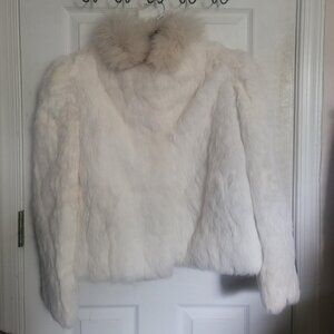Vintage Genuine Rabbit with Fox Tail White Fur Coat Jacket Size M Glam Mobwife